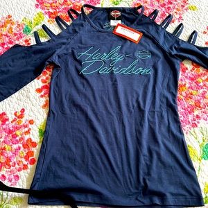 Navy Harley Davidson open shoulder T-shirt, with 3/4 sleeves.Sz Medium